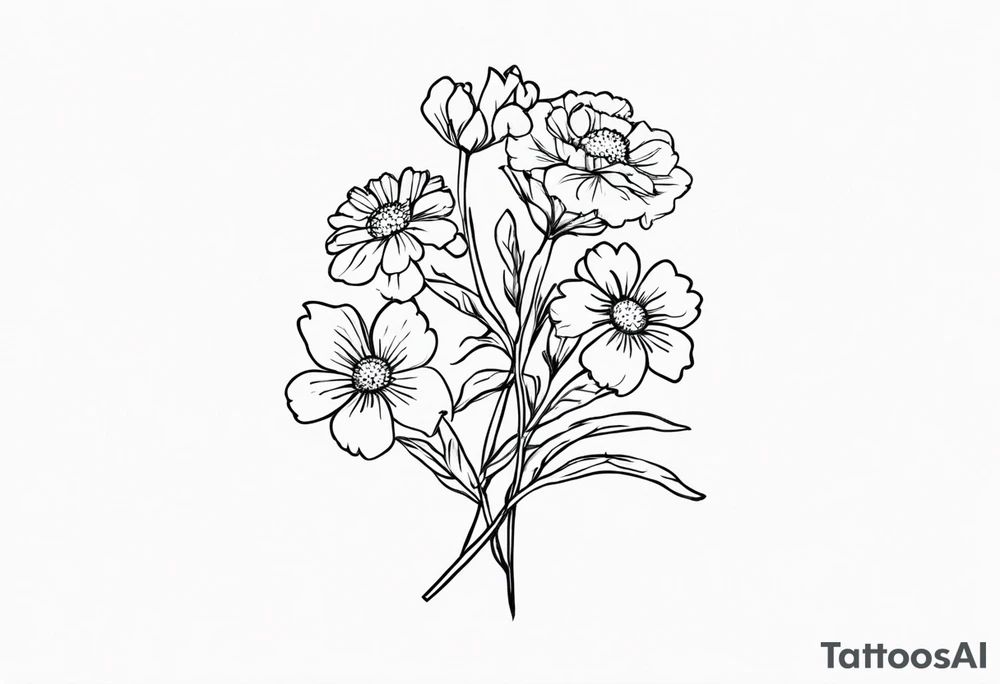 a simplistic bouquet of forget me not flowers, carnation flowers, and aster flowers with a stem tattoo idea