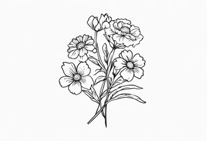 a simplistic bouquet of forget me not flowers, carnation flowers, and aster flowers with a stem tattoo idea