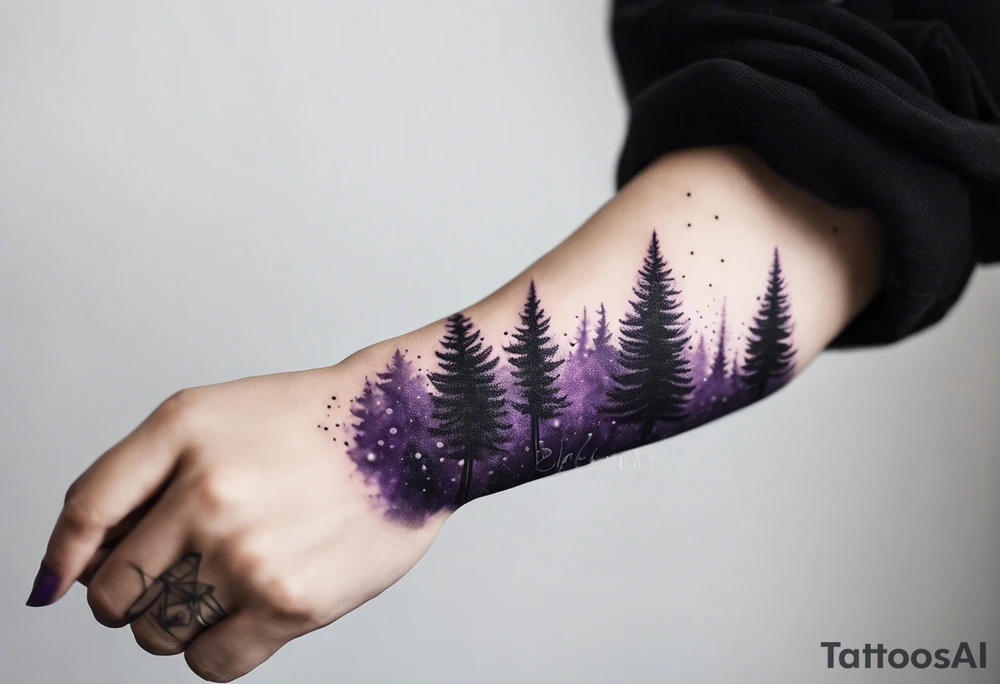 forest, purple and black, covered from wrist to forearm, fully covered, no borders, blackwork tattoo idea
