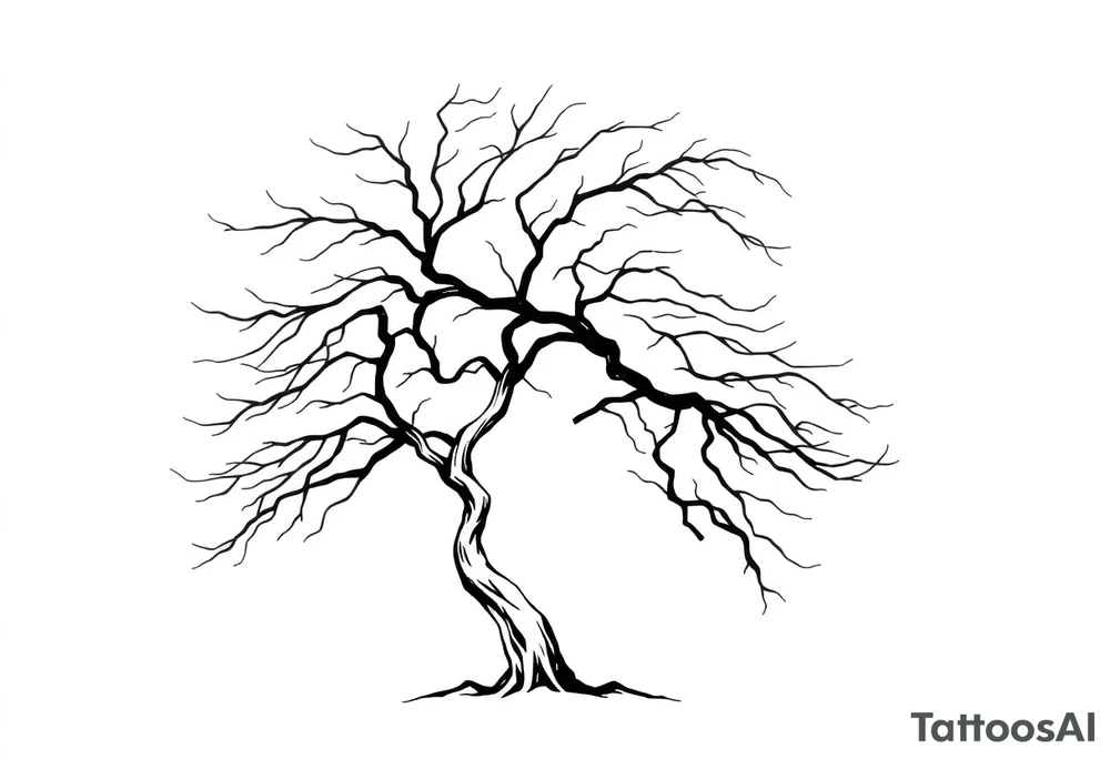 simple windy tree. The tree has strong winds and its branches are bent. The background is a clear sky. tattoo idea