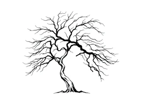 simple windy tree. The tree has strong winds and its branches are bent. The background is a clear sky. tattoo idea