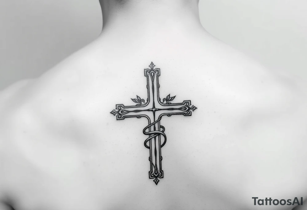 Um anjo segurando uma cruz e um colar crucifixo realismo preto e cinza tattoo idea