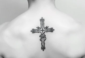 Um anjo segurando uma cruz e um colar crucifixo realismo preto e cinza tattoo idea