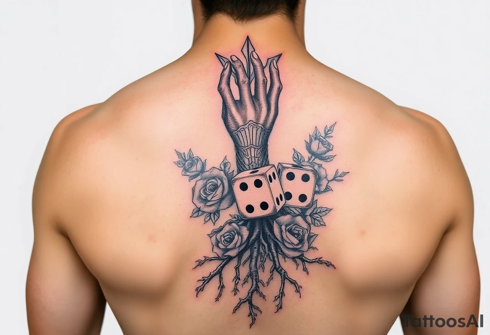 Gods hand, squid, knight with roses and tree roots rolling dice tattoo idea