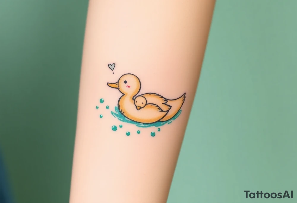 A mother and baby duck swimming together, leaving trails of tiny bubbles, in sea-green and sandy beige tones, representing lifelong guidance and patience tattoo idea