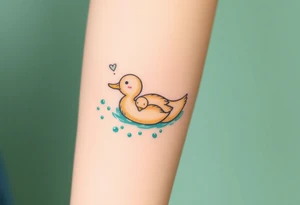 A mother and baby duck swimming together, leaving trails of tiny bubbles, in sea-green and sandy beige tones, representing lifelong guidance and patience tattoo idea