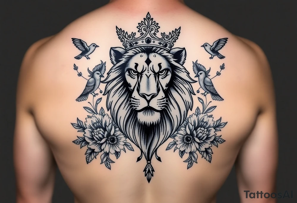 powerful majestic lion with a crown, surrounded by floral ornaments and birds tattoo idea