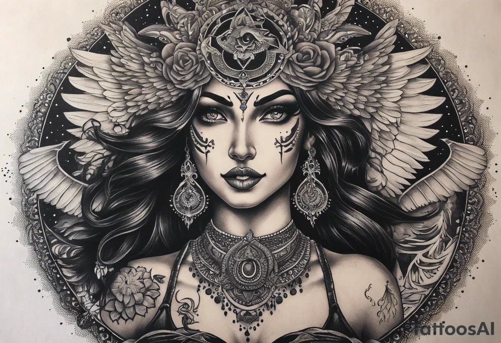 black kali, goddess pirate, alien, angel, pachamama, valkrye, warrior, flying, skull, lotus azul, wing, eagle, zenza resonance, stars, 5D, anahata chakra, death, durga, riding on a tiger, flying lady, chest tatoo tattoo idea