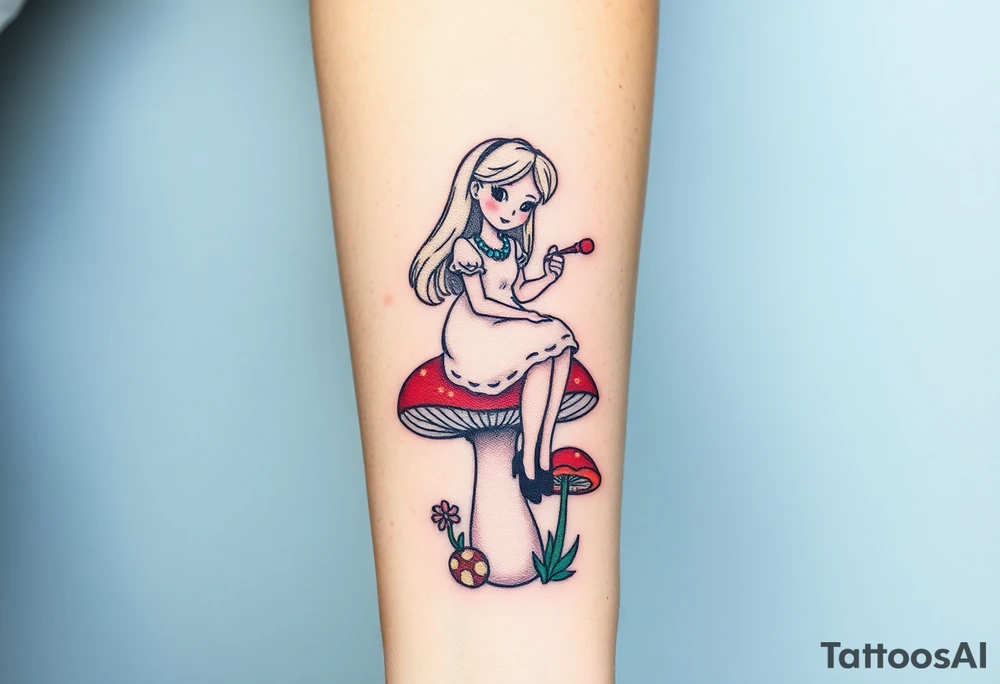 Alice in wonderland sitting on the mushroom with the hookah tattoo idea