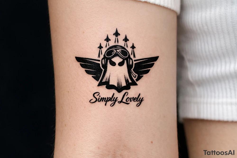 Create a 5 × 5 cm black ink tattoo combining the Koenigsegg Ghost logo, inspired by the Swedish flying squadron tribute, with the phrase **“Simply Lovely”** written underneath. tattoo idea
