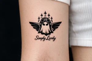 Create a 5 × 5 cm black ink tattoo combining the Koenigsegg Ghost logo, inspired by the Swedish flying squadron tribute, with the phrase **“Simply Lovely”** written underneath. tattoo idea