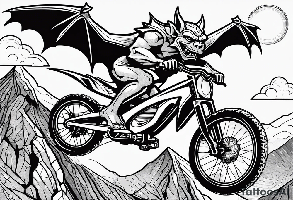 gargoyle riding a full suspension mountain bike with a shadow no background tattoo idea