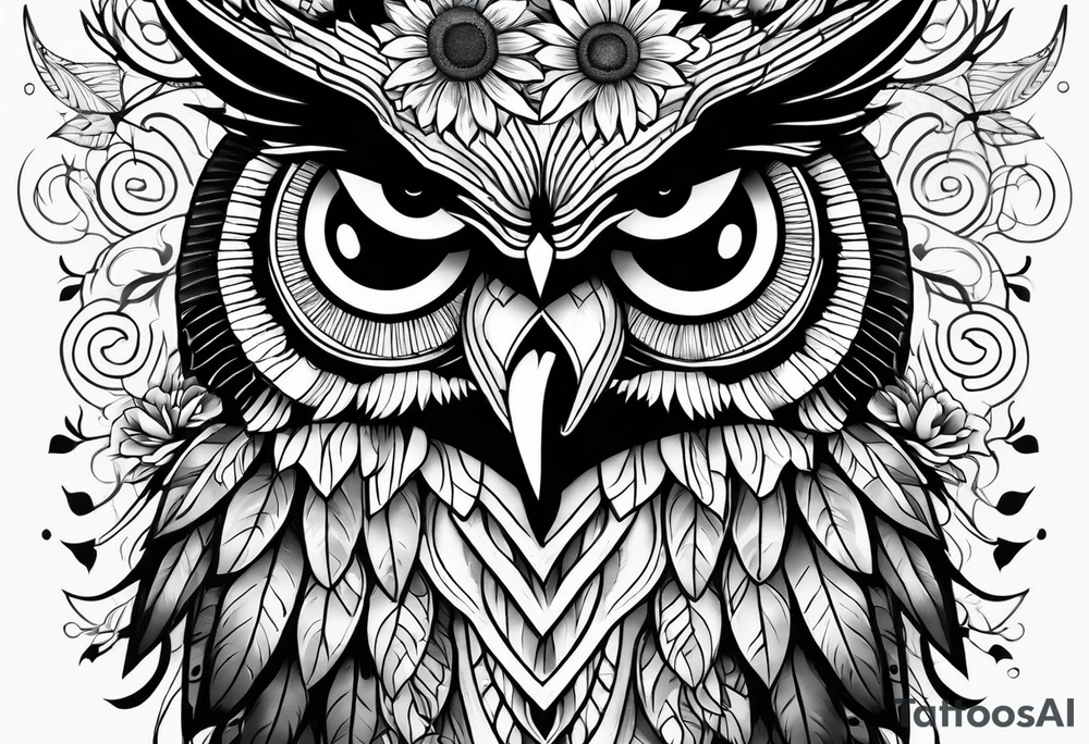 Black and white owl with sunflowers leg sleeve tattoo idea