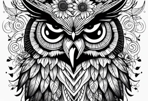 Black and white owl with sunflowers leg sleeve tattoo idea