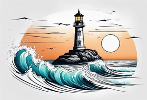 Farol no oceano em mar agitado bem delicado, e navio ao fundo tattoo idea