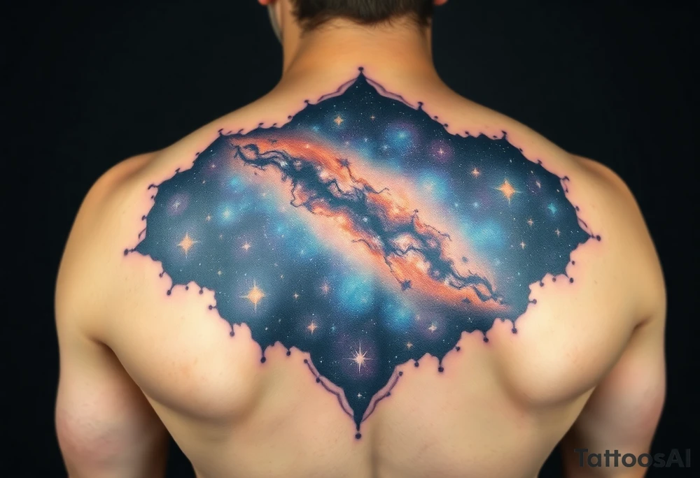 Beautiful and epic 3d milky way that appears to be what is beneath the skin. Make it drape over the shoulder and move to the middle back. use negative spaces to create stars and dust. Incorporate God breathing life into the universe. IKeep it symmetrical tattoo idea