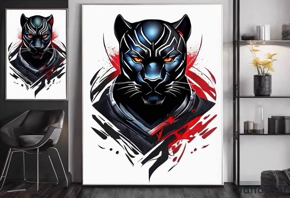 unique black panther tattoo, dynamic pose, showcasing its strength and grace, striking red eyes, intense and captivating elements, artistic flair, blending realism with abstract elements tattoo idea