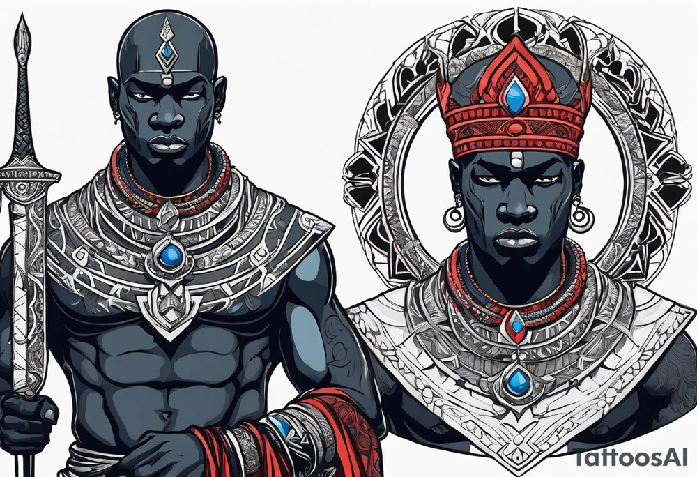 An african god, a bald black-skinned warrior, that uses a sword and a silver crown. He also uses blue and red necklaces tattoo idea