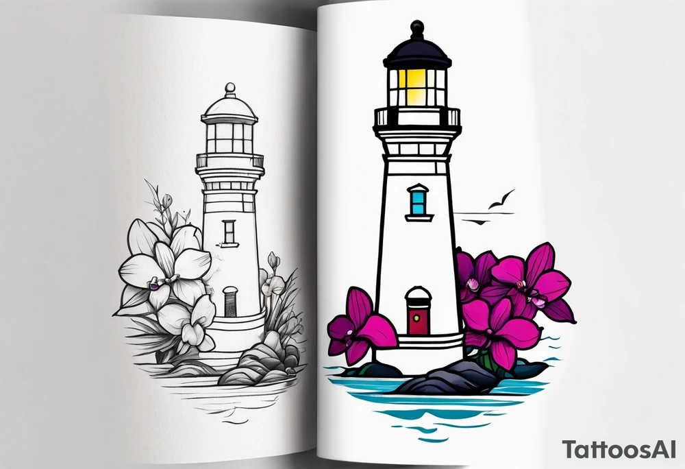 Lighthouse and an anchor and orchids tattoo idea