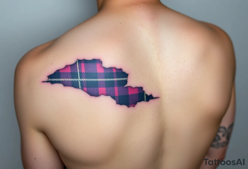 Side of arm Dark Purple with green pink blue and white highlights tartan fabric with skin peeling away at edges tattoo idea