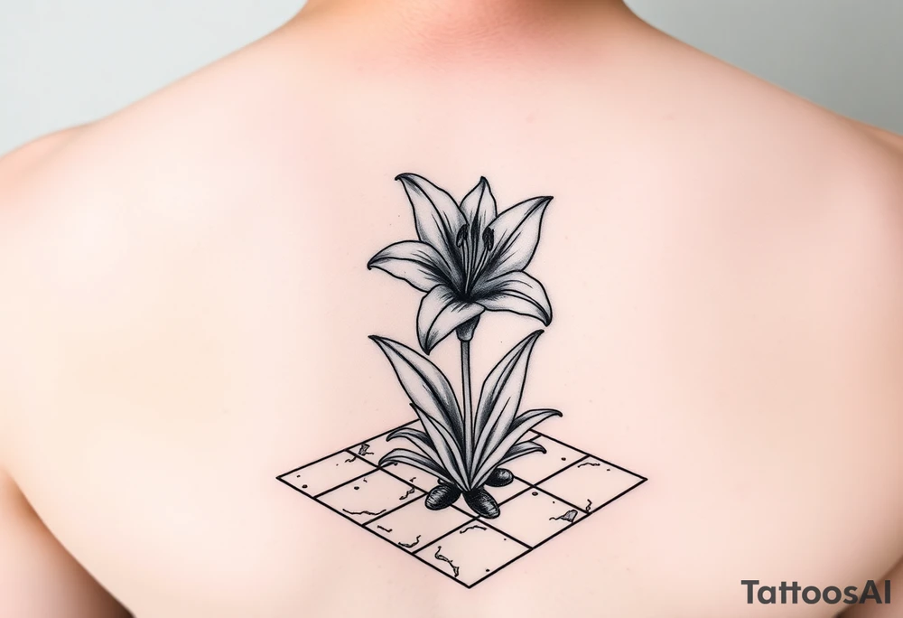 bathroom with lily coming up out of tile floor tattoo idea