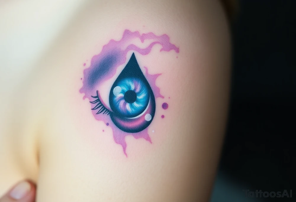 Teary eye with a teardrop with a galaxy swirling inside, in a gradient from violet to indigo tattoo idea