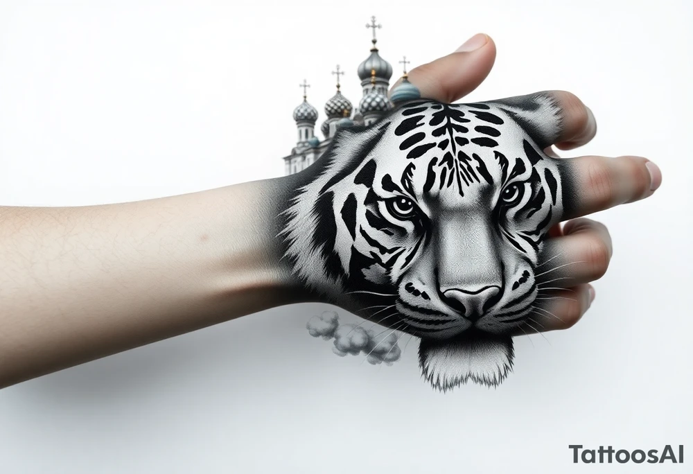 Realistic tiger face on the back of the hand with strong contrast and fine detail with its eyes completely black. with a highly detailed Russian Orthodox cathedral sitting above on fore arm with onion domes and orthodox crosses, done in fine line, engraving-like style. Cohesive composition, black ink only, no color, high contrast, slightly aged, documentary-style, plain light background. with clouds above and a virgin mary 
spanning from my hand to lower fore arm tattoo idea