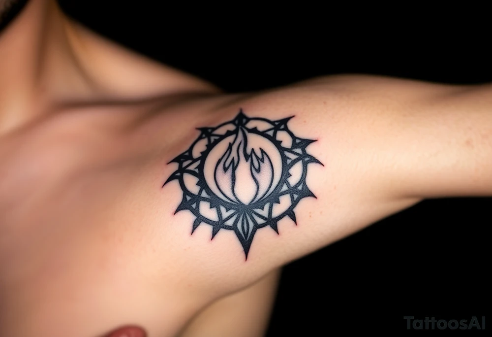 a flame imprisoned in roots circle tattoo idea