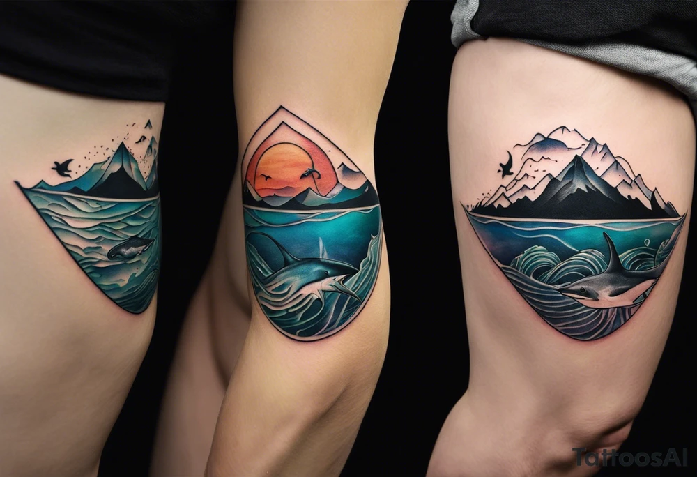 This is a minimalistic tattoo split into 2 distinct sections; a top half and a bottom half. The top half is a mountain in Norway with a windy mountain bike trail wrapping around the mountain. The bottom half of the tattoo depicts an underwater ocean scene, featuring water and sea life including a manta ray and sea turtle. tattoo idea