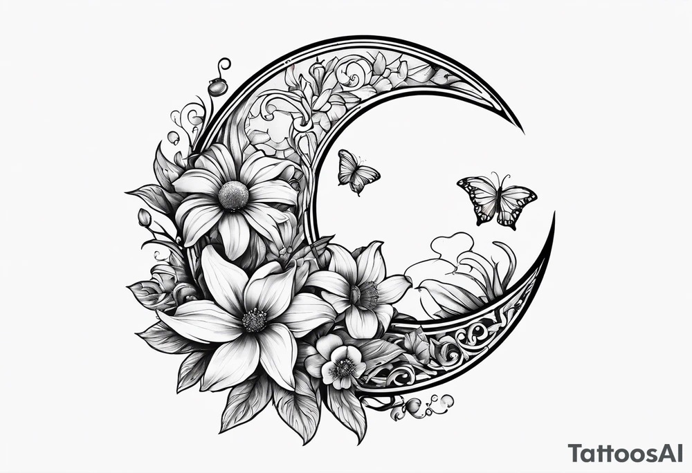 Crescent moon with daisy's, lily’s, crystals, and mushrooms tattoo idea