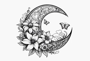 Crescent moon with daisy's, lily’s, crystals, and mushrooms tattoo idea