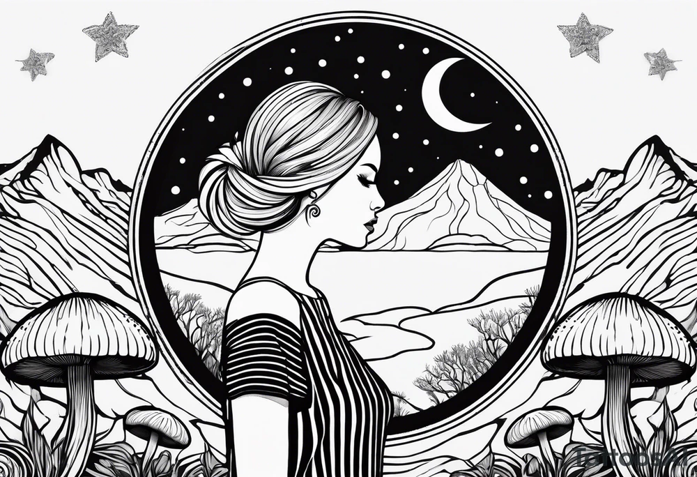 Straight blonde hair girl facing away toward mountains surrounded by mushrooms crescent moon mandala circular design black and white striped dress "8" tattoo idea