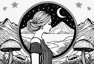 Straight blonde hair girl facing away toward mountains surrounded by mushrooms crescent moon mandala circular design black and white striped dress "8" tattoo idea