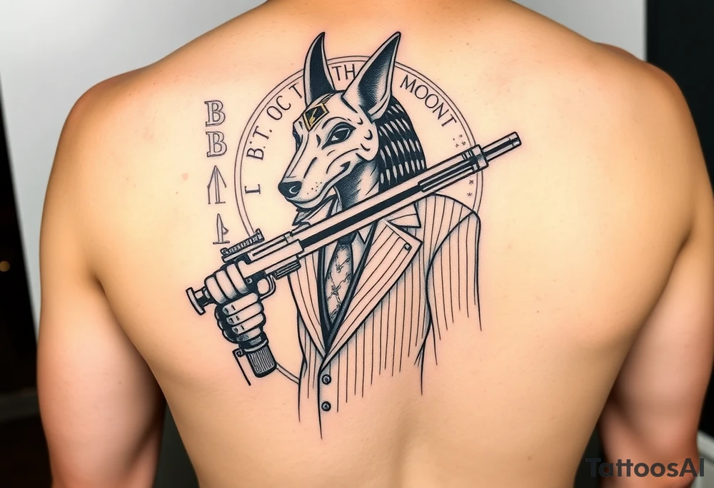 "Anubis in a 1920s gangster pinstripe suit, holding a tommy gun. His jackal head is half-cyborg (exposed circuits). Hieroglyph background spells 'BTC TO THE MOON'.  

Style: Art Deco meets cyber-Egyptian. Black/red/gold ink. Forearm sleeve." tattoo idea