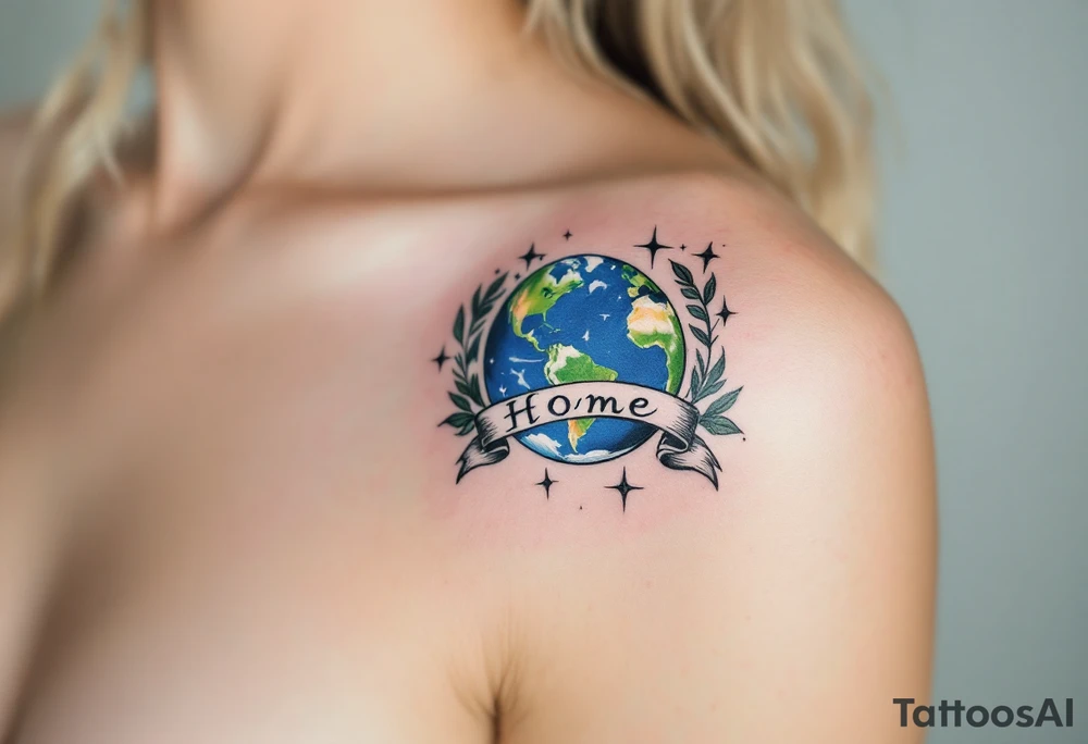 A traditional-style tattoo of Earth in bold royal blue and bright green is framed by black banners reading “Home.” tattoo idea