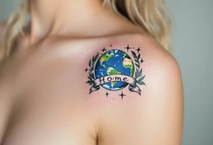 A traditional-style tattoo of Earth in bold royal blue and bright green is framed by black banners reading “Home.” tattoo idea