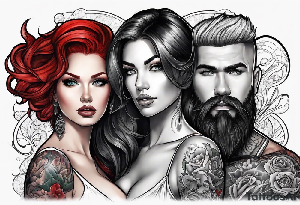 Busty Red haired woman with black haired bearded man tattoo idea