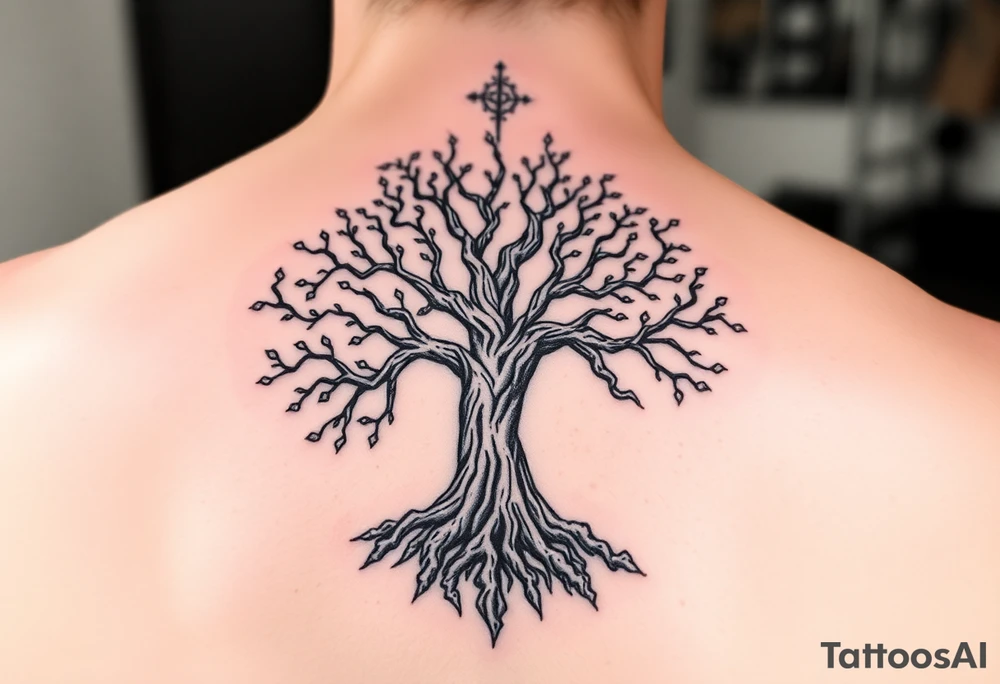mystical tree of life with cosmic roots and celestial branches tattoo idea