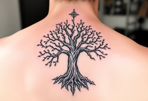 mystical tree of life with cosmic roots and celestial branches tattoo idea