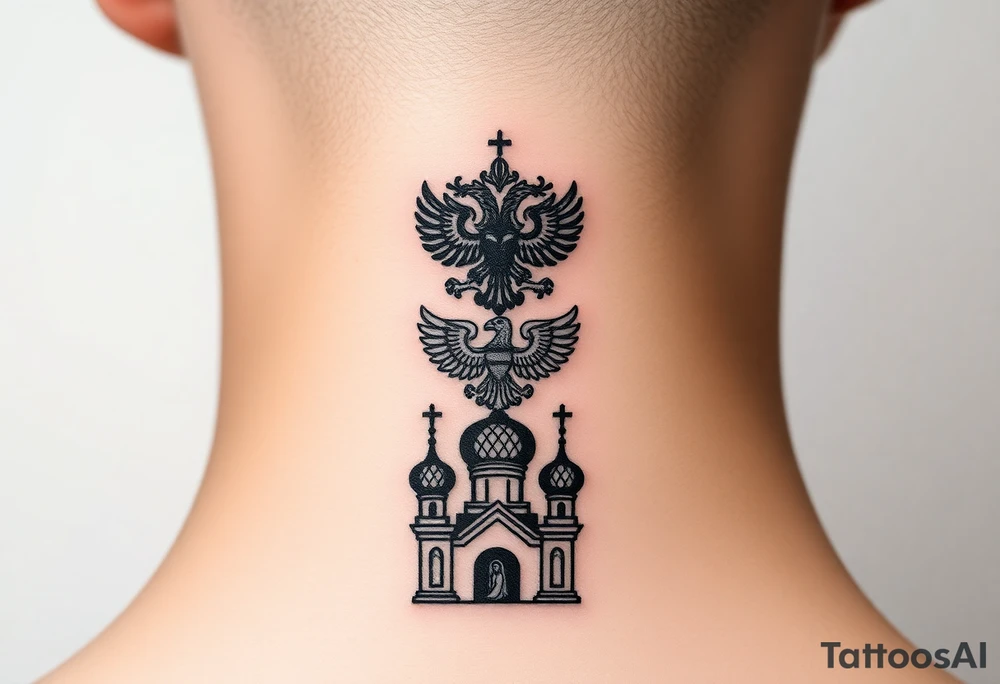 Stacked Vertical Column 

Russian star — small, bold
Middle: Miniature double-headed eagle — simplified, cleaner lines to suit the smaller space
Bottom: Orthodox church dome(s) with a small Virgin Mary silhouette beneath tattoo idea