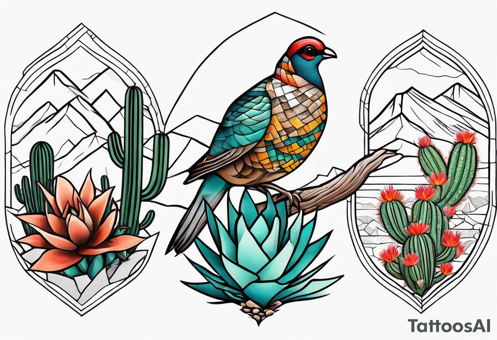 Three quails, desert flowers, cactus, ocotillo, forearm tattoo idea