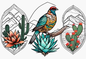 Three quails, desert flowers, cactus, ocotillo, forearm tattoo idea