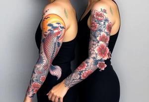 Full arm sleeve, one koi fish, one tiger, the sun, cherry blossom filler, beautiful tattoo idea