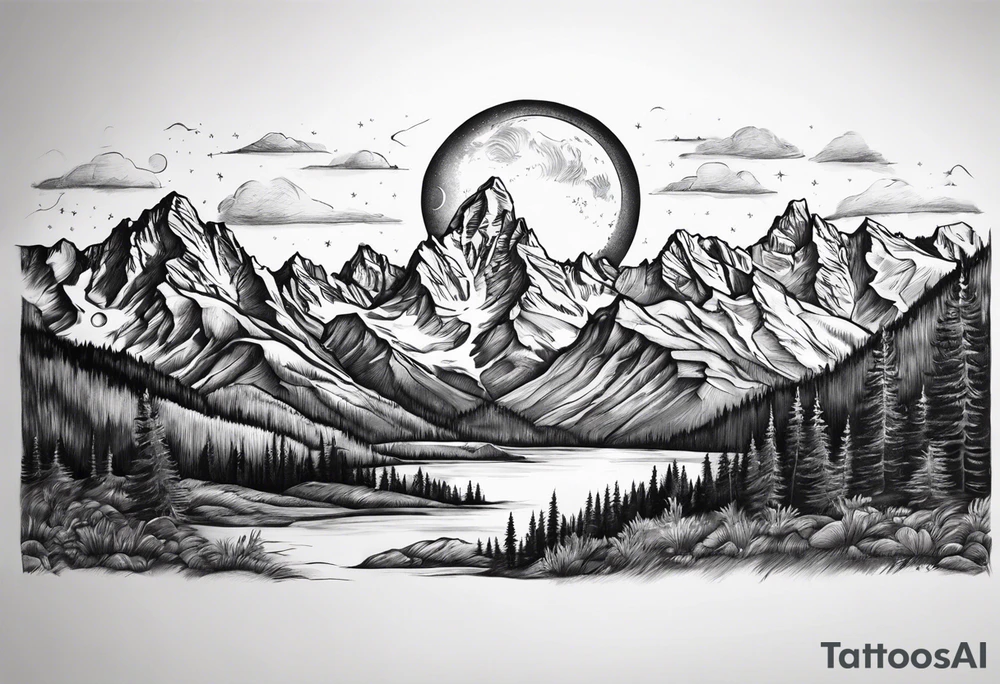 Half sleeve of Teton mountain range with moon in sky tattoo idea