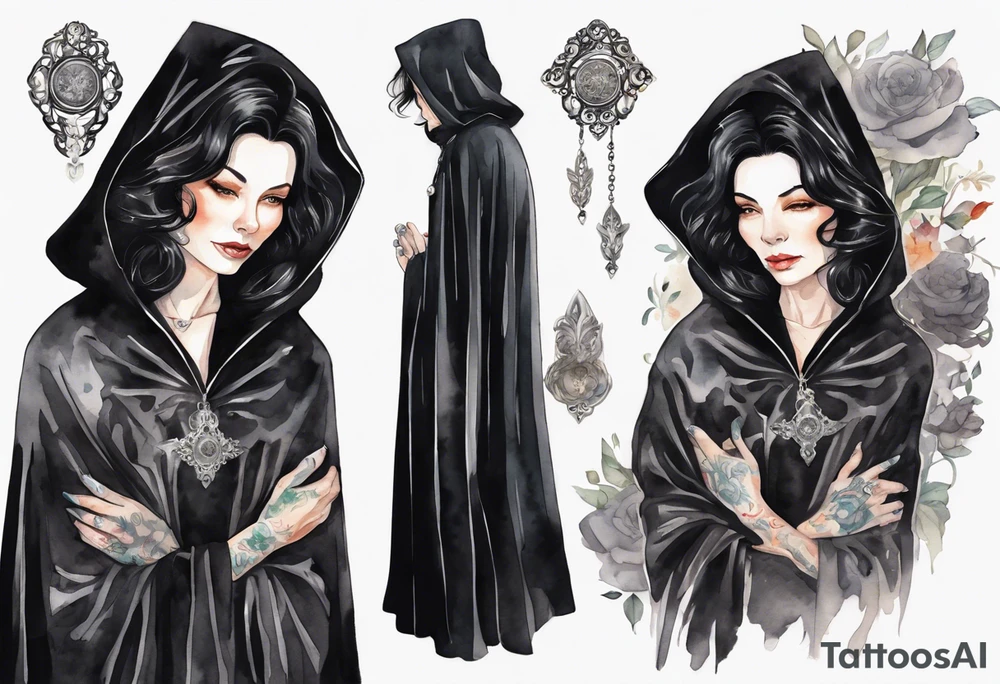 a beautiful 60-year-old black-haired woman dressed in a black cloak with a silver brooch tattoo idea