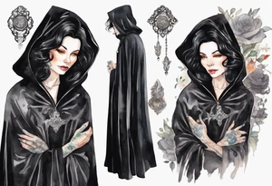 a beautiful 60-year-old black-haired woman dressed in a black cloak with a silver brooch tattoo idea
