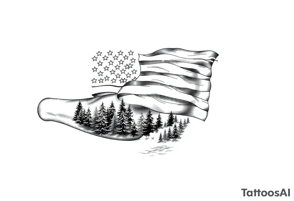 American flag with forest and water below tattoo idea