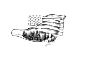 American flag with forest and water below tattoo idea