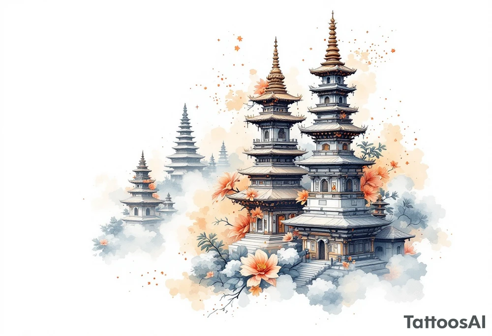 Stupas or Pagodas – Sacred Buddhist monuments with layered towers, typically done in detailed black ink or traditional brown stone tones. tattoo idea