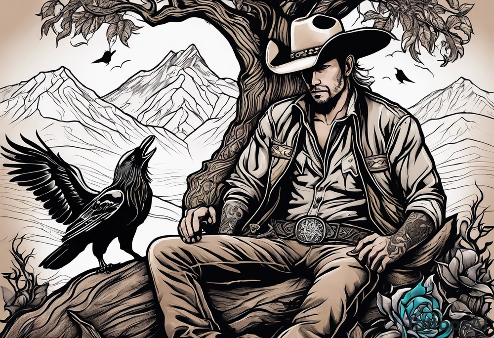 cowboy near death
 sitting in front of a fire with the tree of life behind him and a wolf and a raven tattoo idea